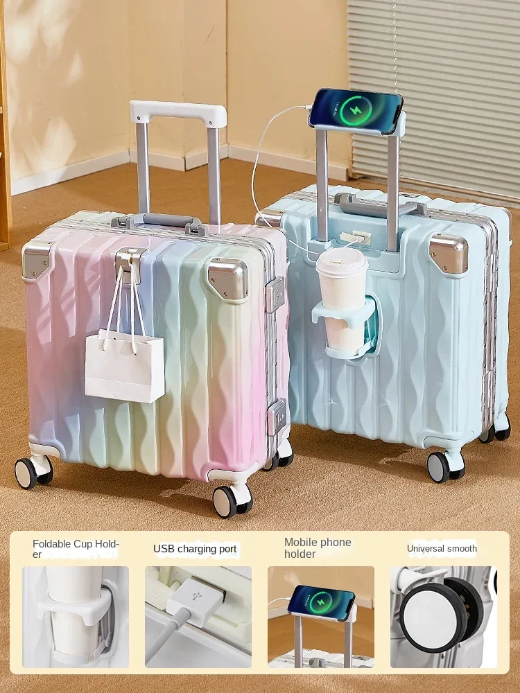 valise 18 "20" mot de passe boîtier de chariot valise cabine de voyage petit bagage avec porte-gobelet usb support pour téléphone valise bagage de voyage