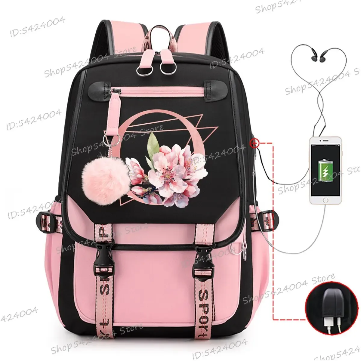 sac dos nylon unisexe rose noir lettre initiale motifs floral personnages voyage adolescents toile interne ordinateur poche fentes compartiments