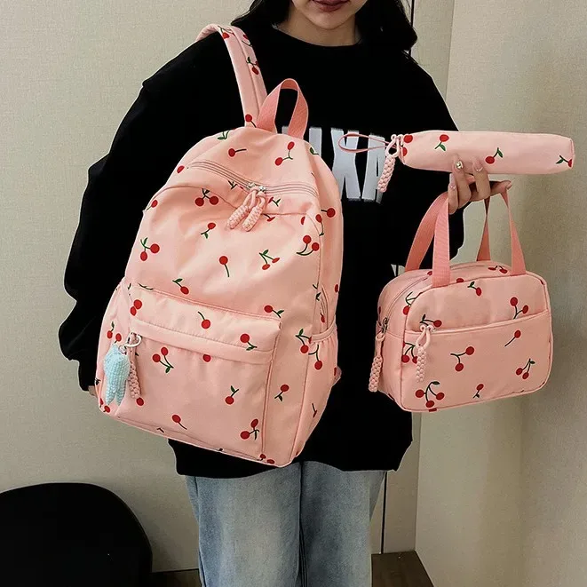 ensemble de 3 sacs à dos à imprimé cerise, trousse à maquillage, trousse à crayons, sac d'école, sac à dos mignon pour filles, sac à dos de voyage, sac à dos d'école