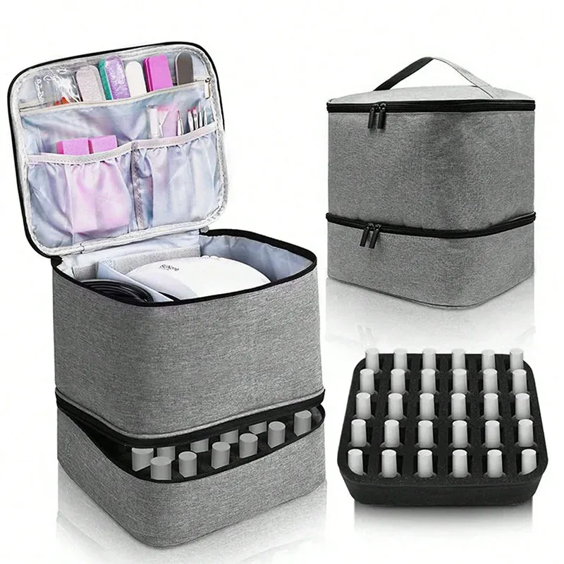 organisateur de vernis à ongles avec lumière uv intégrée, étui de transport double couche pour vernis à ongles, capacité de 30 flacons, sac de rangement, kit de manucure