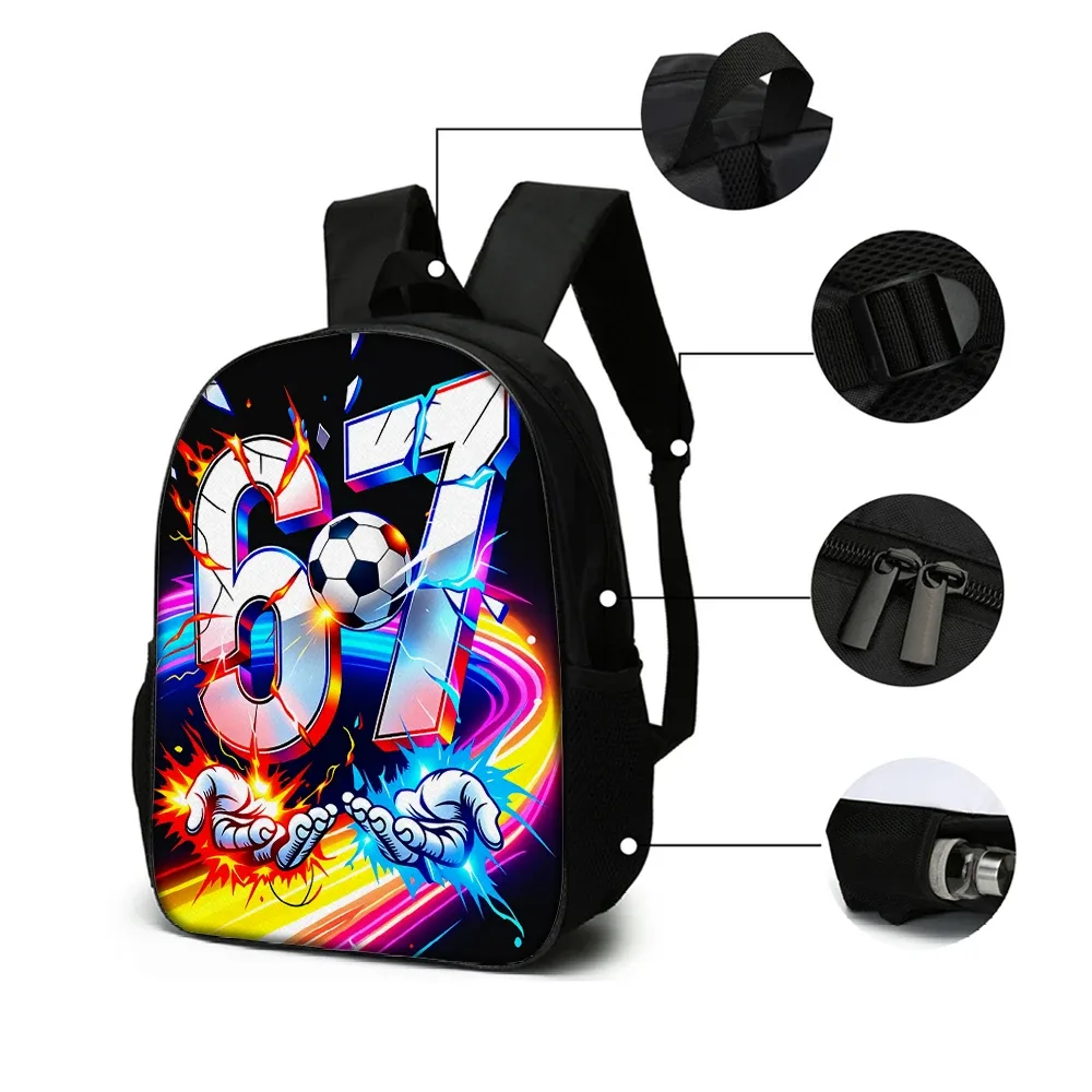 sac dos polyester imprimé chiffres 67 football rayures lumières mains noir voyage école enfant