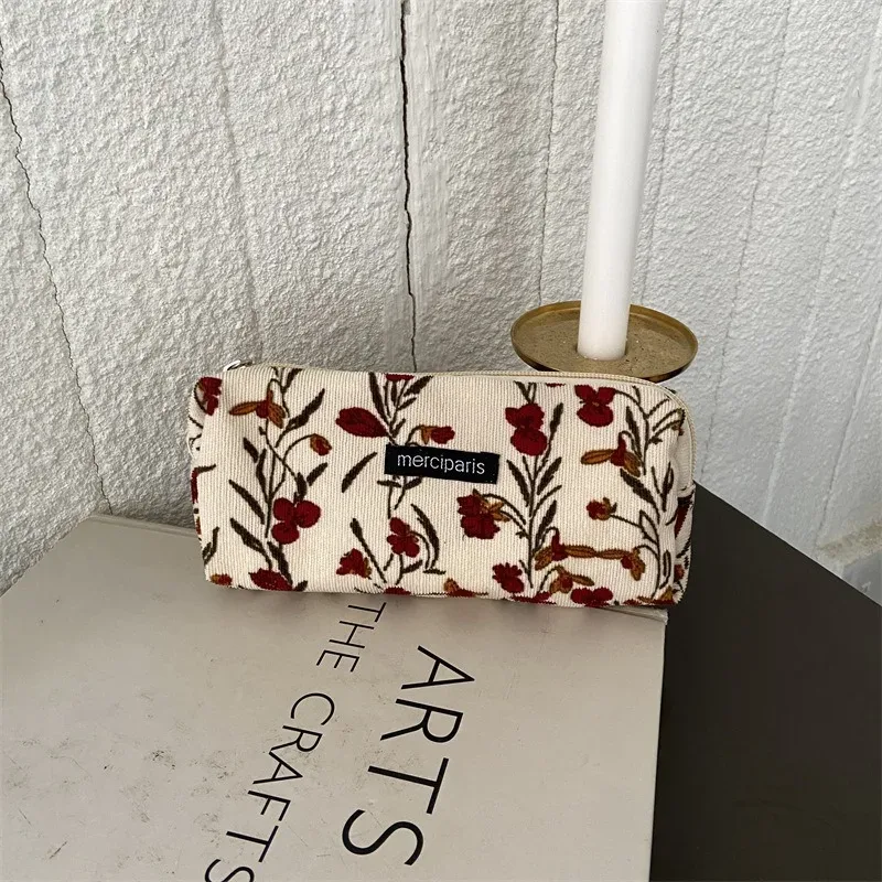 sac à main floral en velours côtelé pour femme, sac de rangement pour rouge à lèvres, sac à main kawaii, portefeuille de maquillage, trousse à crayons en poudre, sacs de voyage