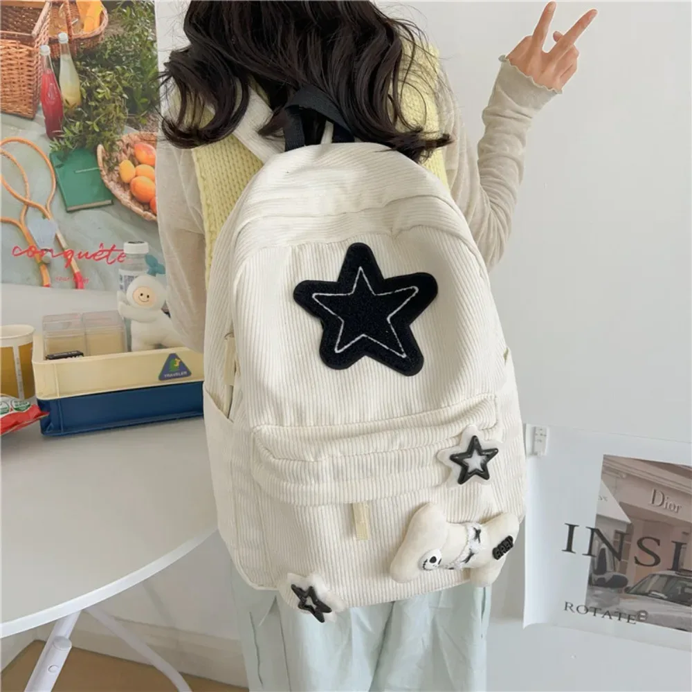 sac à dos coréen y2k harajuku en velours côtelé avec patch étoile noir et blanc, style gothique, poupée tête de mort, mignon, streetwear japonais, pour étudiantes et adolescentes