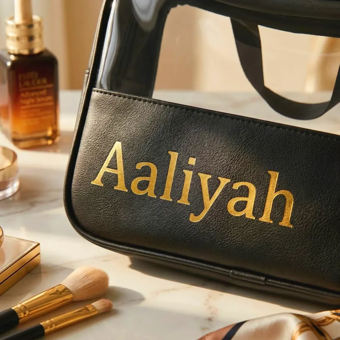 pochette cosmétique personnalisée avec nom, pochette à maquillage en feuille d'or sur mesure, organiseur de toilette de voyage, cadeau pour demoiselle d'honneur
