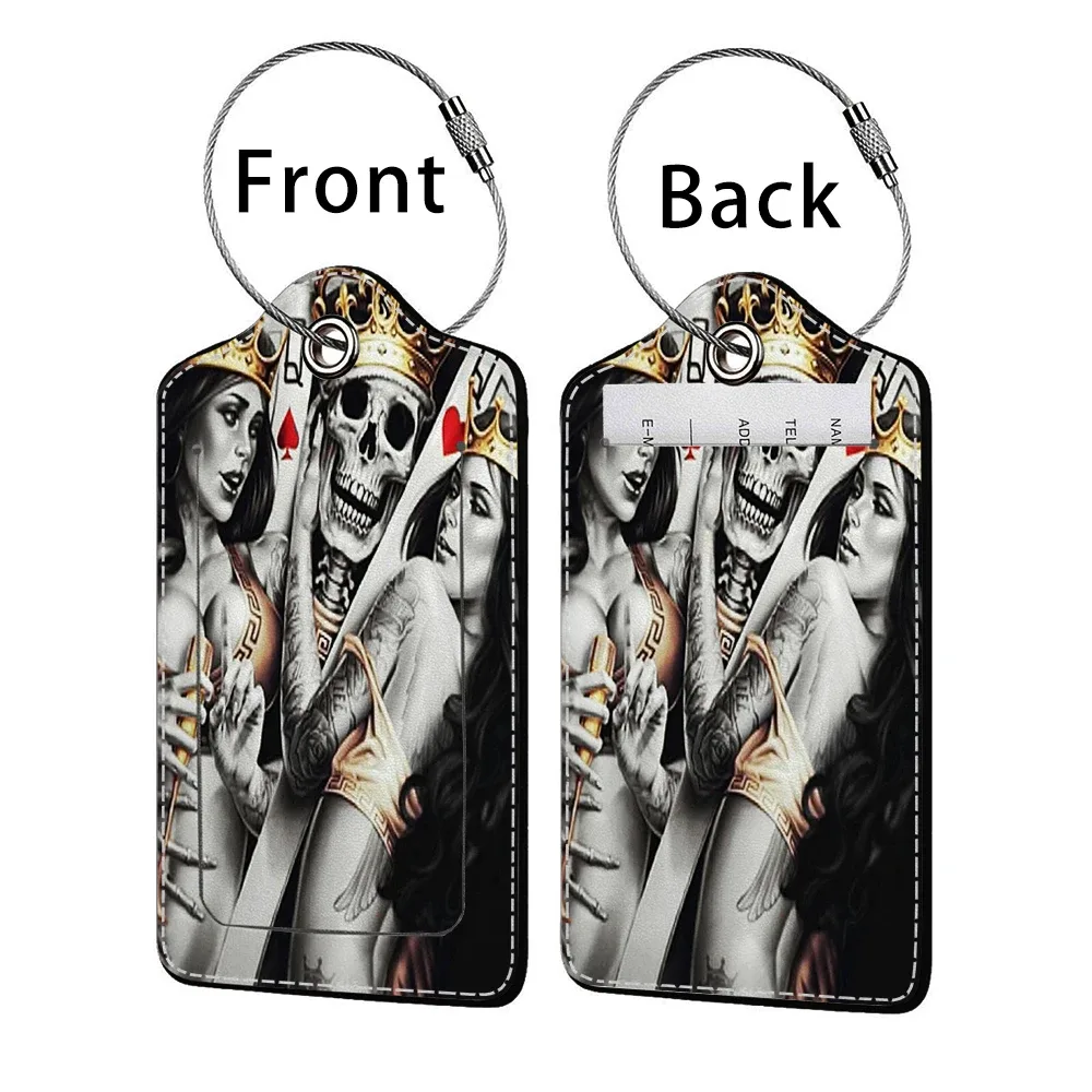 promotion étiquette de bagage en cuir à motif d'horreur, étiquette d'adresse pour valise, étiquette d'embarquement pour bagage, clip pour nom, identifiant et adresse