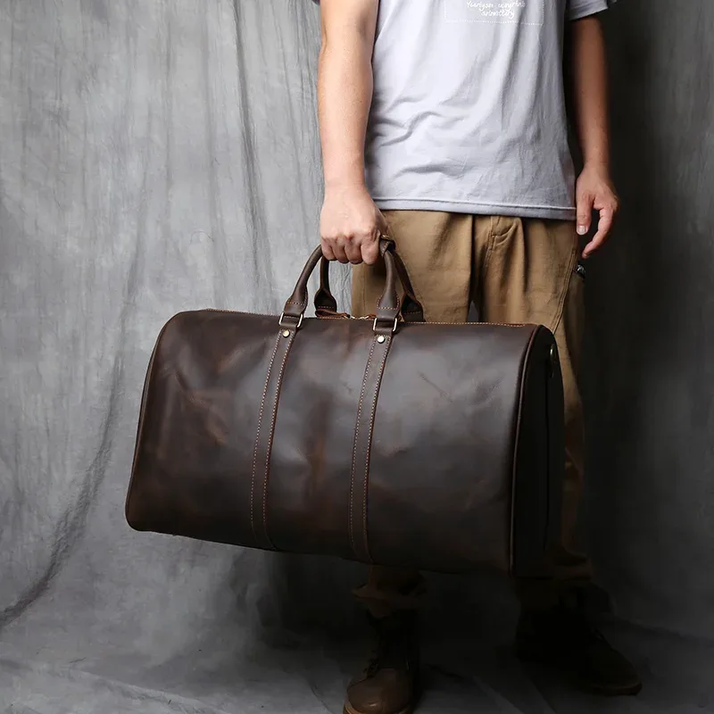 sac de voyage vintage en cuir véritable pour homme nzpj, grande capacité, sac à main en cuir crazy horse, sac à bandoulière en cuir de vache naturel
