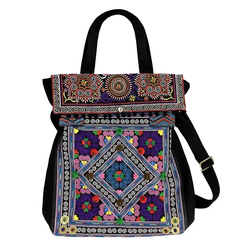 sac brodé chic de grande capacité de style national, sac de voyage à une épaule en toile, sac en tissu bohème