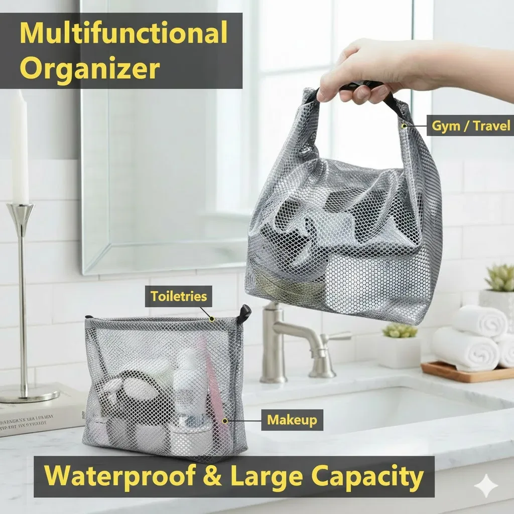 sac de maquillage en maille imperméable, organiseur de toilette portable, sac à main transparent, pochette de rangement de voyage, sac fourre-tout pliable multifonctionnel