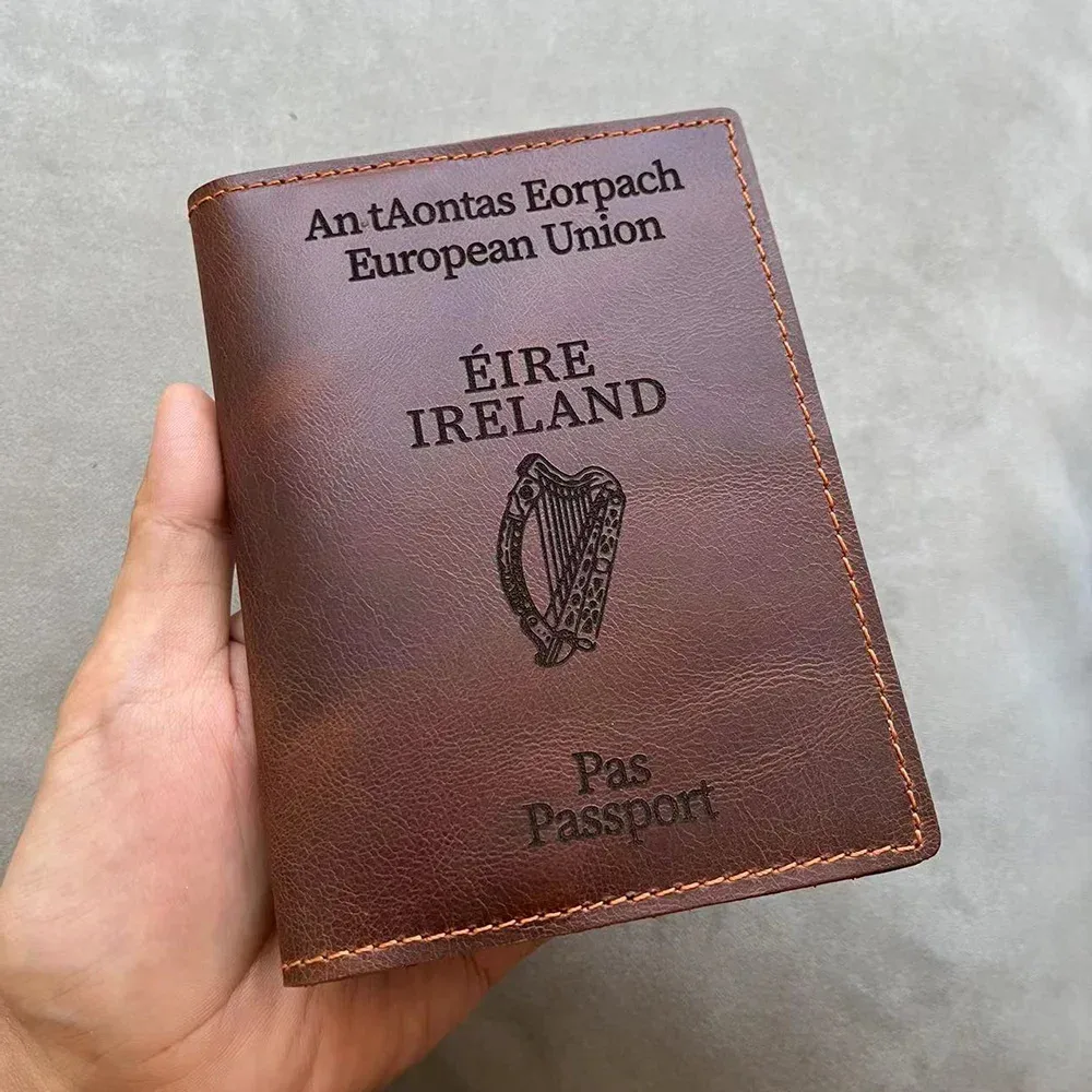 irlande protege passeport personnalisé vintage en cuir véritable de cheval fou, porte-passeport irlandais personnalisé