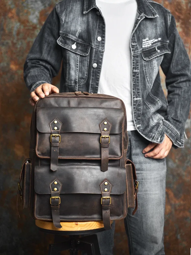 nasva – sac à dos vintage en cuir véritable pour hommes, sac de voyage en plein air pour ordinateur portable, sac d'école de randonnée pour ordinateur portable 15.6 pouces