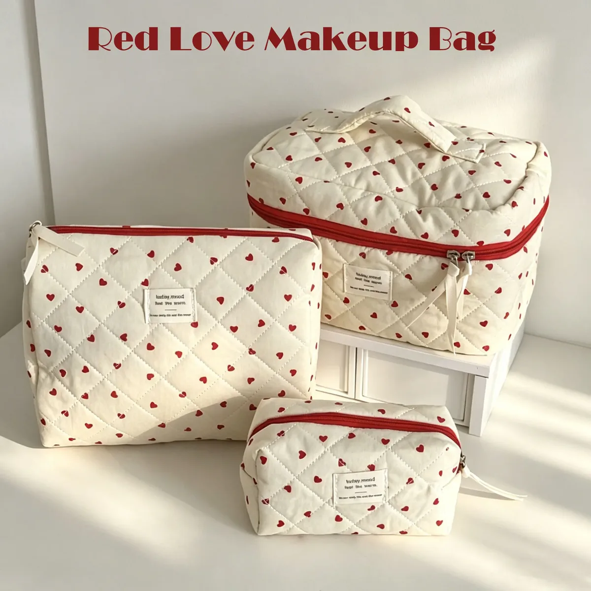 sac de maquillage portable pour femmes, sac de rangement rouge love, sac matelassé multifonctionnel de grande capacité, sac de rangement essentiel pour voyage