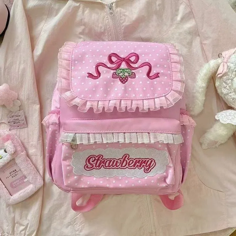Sac Dos Nylon Rose Motif Fruits Fraises Broderie Dentelle Patchwork Usage École Décontracté Femmes