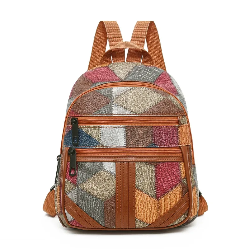 sac à dos patchwork de style vintage pour femmes, design multi-travures pour un usage quotidien, sac élégant, léger et décontracté, à la mode