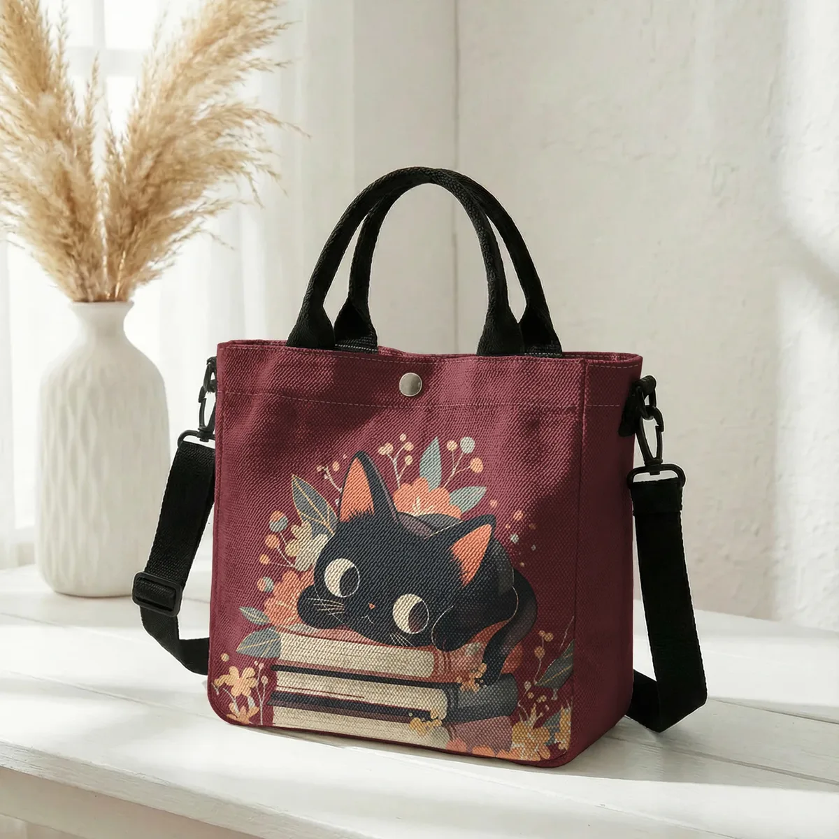 sac fourre-tout à imprimé floral avec chat noir mignon empilé sur des livres, sac à bandoulière détachable pour femme, idéal pour le shopping quotidien