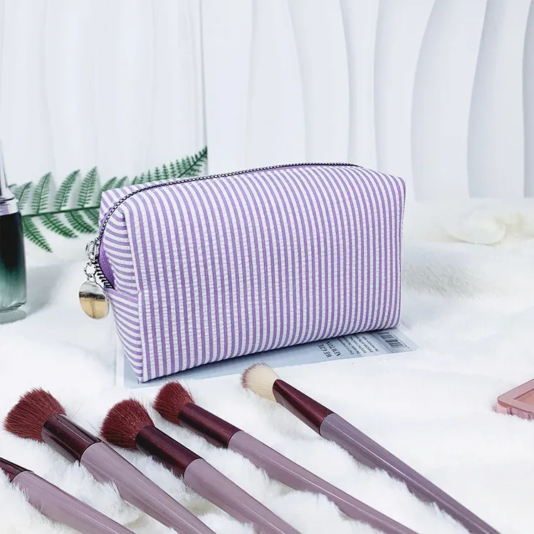sacs à cosmétiques à volants pour femmes, sacs de rangement à rayures rose/violet, sacs de maquillage pour dames avec fermeture éclair, sac de voyage, trousse de maquillage
