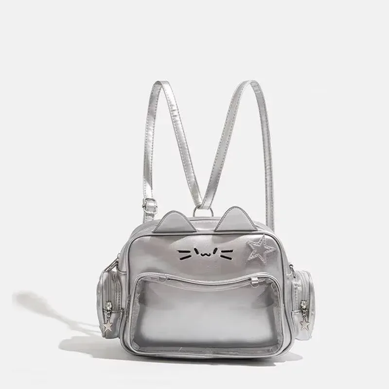 sac à dos chat argenté du japon y2k, sac d'école ita pour adolescent mignon, sac de voyage à poche transparente pour filles douces, femmes et garçons