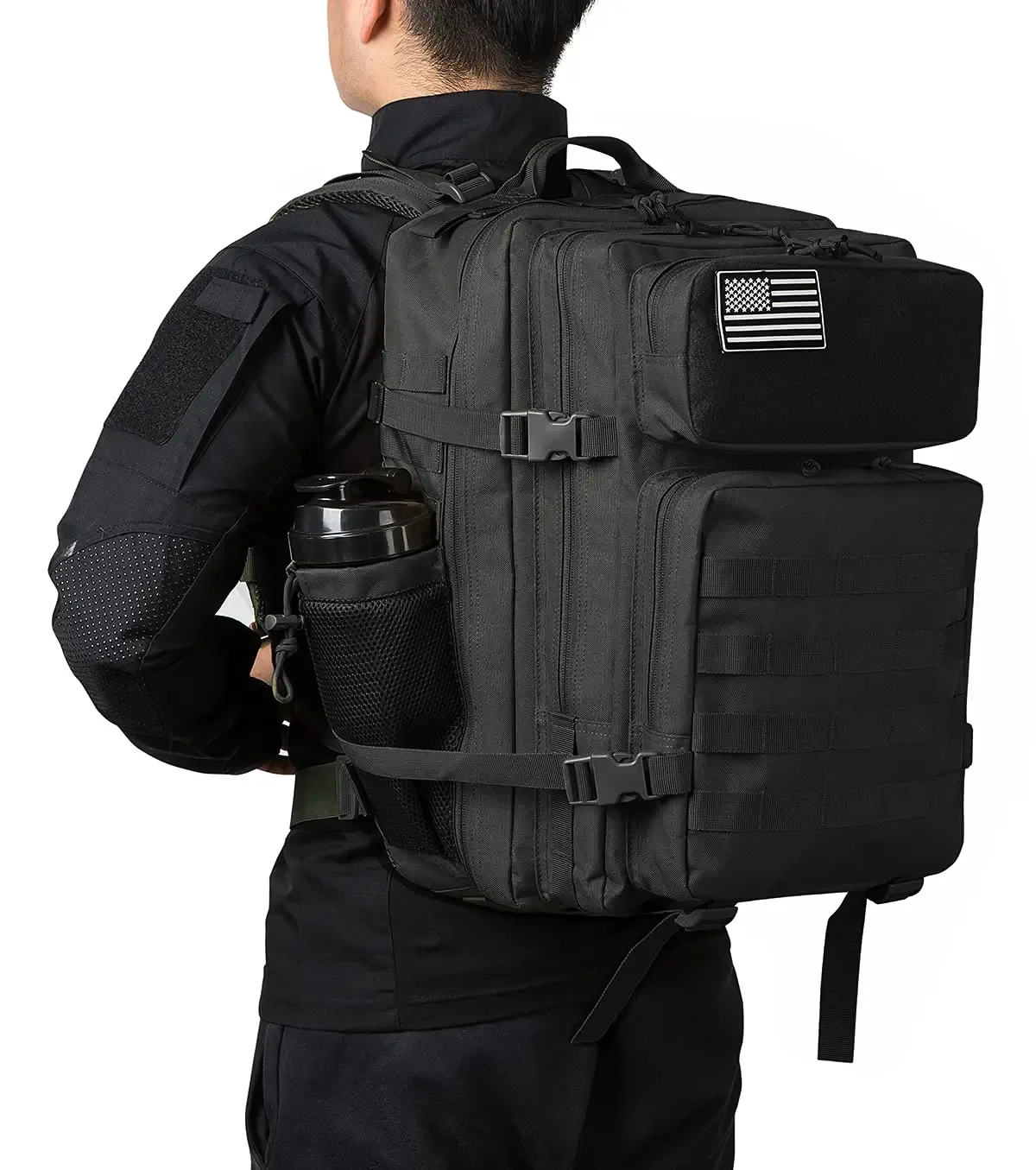 sac dos polyester noir motif bandes verticales poches ouvertes poche intérieure zippée bandoulière arquée escalade camping randonnée