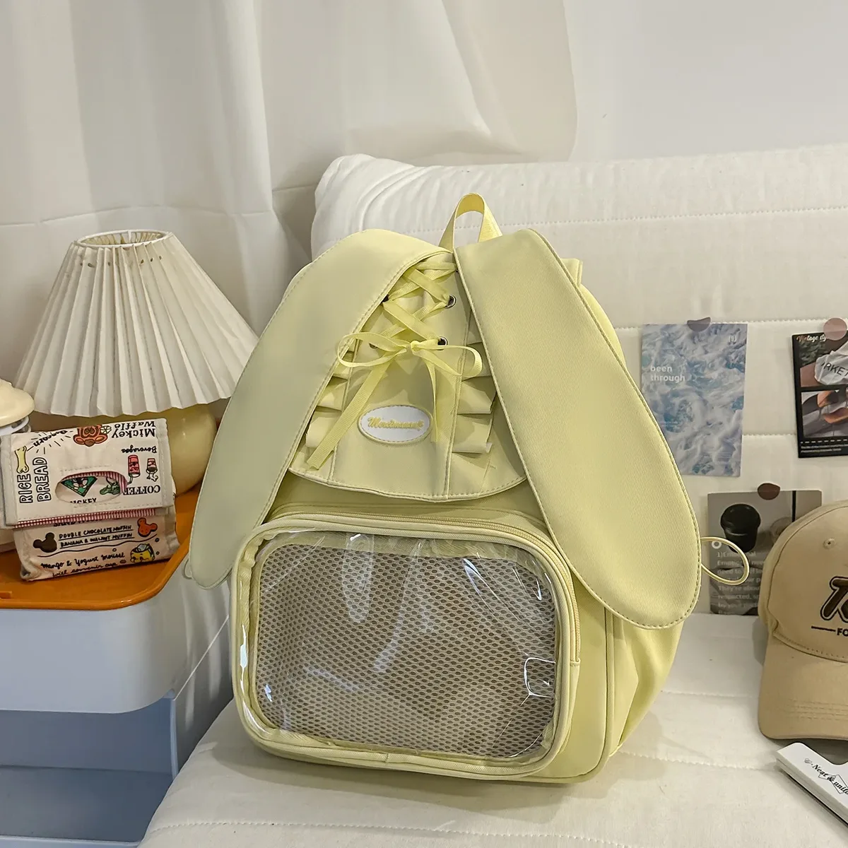 sac à dos transparent pour femmes et adolescentes, style ita bag avec oreilles de lapin et nœud, mignon