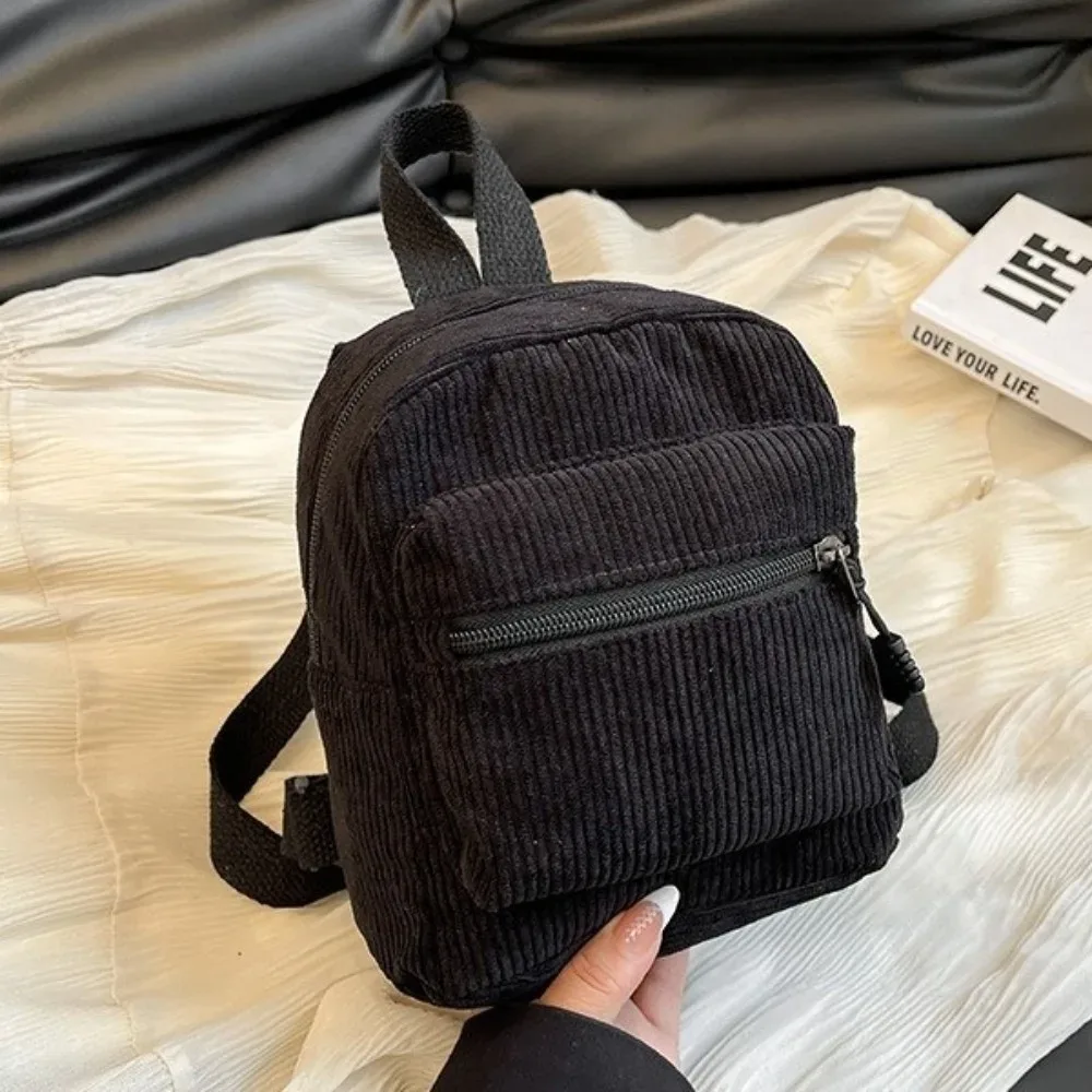 mini sac à dos en velours côtelé de couleur unie, léger, avec fermeture éclair, double bandoulière, portable, multi-poches, sac à dos de jour, décontracté, pour voyage