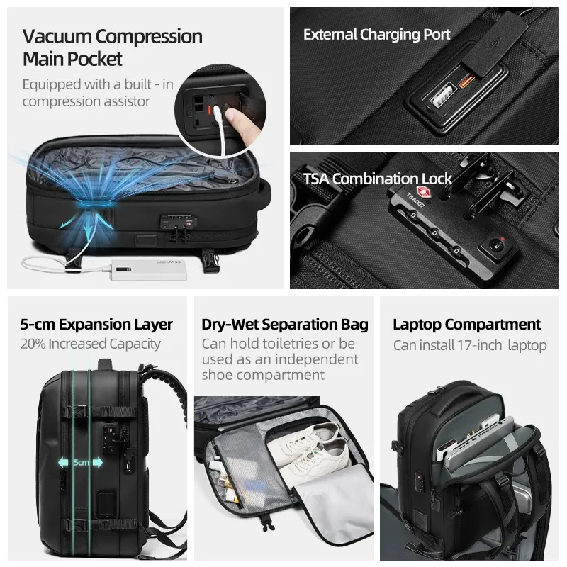 sac à dos de voyage pour homme avec pompe de compression à démarrage rapide, sac à dos pour ordinateur portable 17 pouces, randonnée, affaires, 60l, sac à dos scolaire extensible