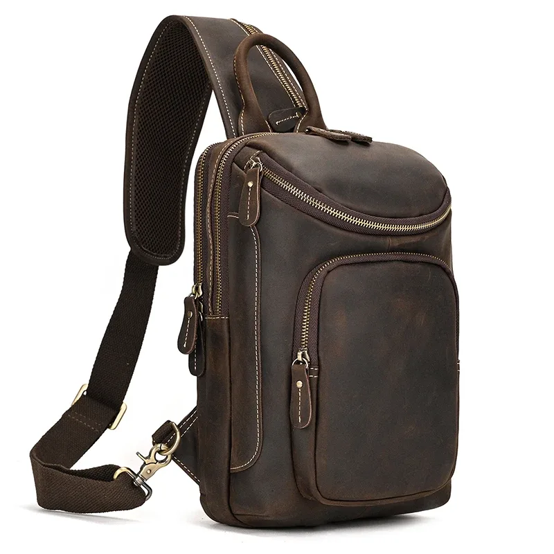 sac de poitrine en cuir véritable pour homme, sac à bandoulière, sac à dos initié unique, sac de voyage, grande capacité