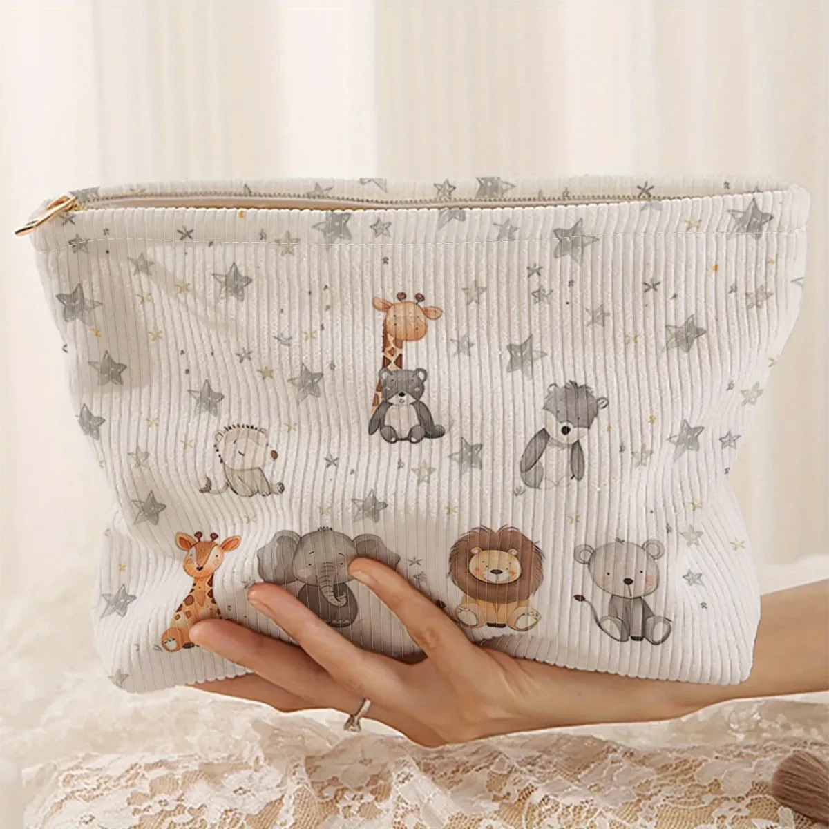 trousse de maquillage multifonctionnelle en velours côtelé imprimé motif petits animaux avec fermeture éclair et doublure, sac de rangement pour cosmétiques et articles de toilette