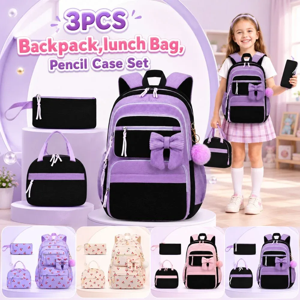 Sac Dos Nylon Dessin Animé Violet Cerises Rouges Sac Lunch Boîte Crayons Poignees Pompons Compartiment Isolant Visibilite Sécurité Enfants
