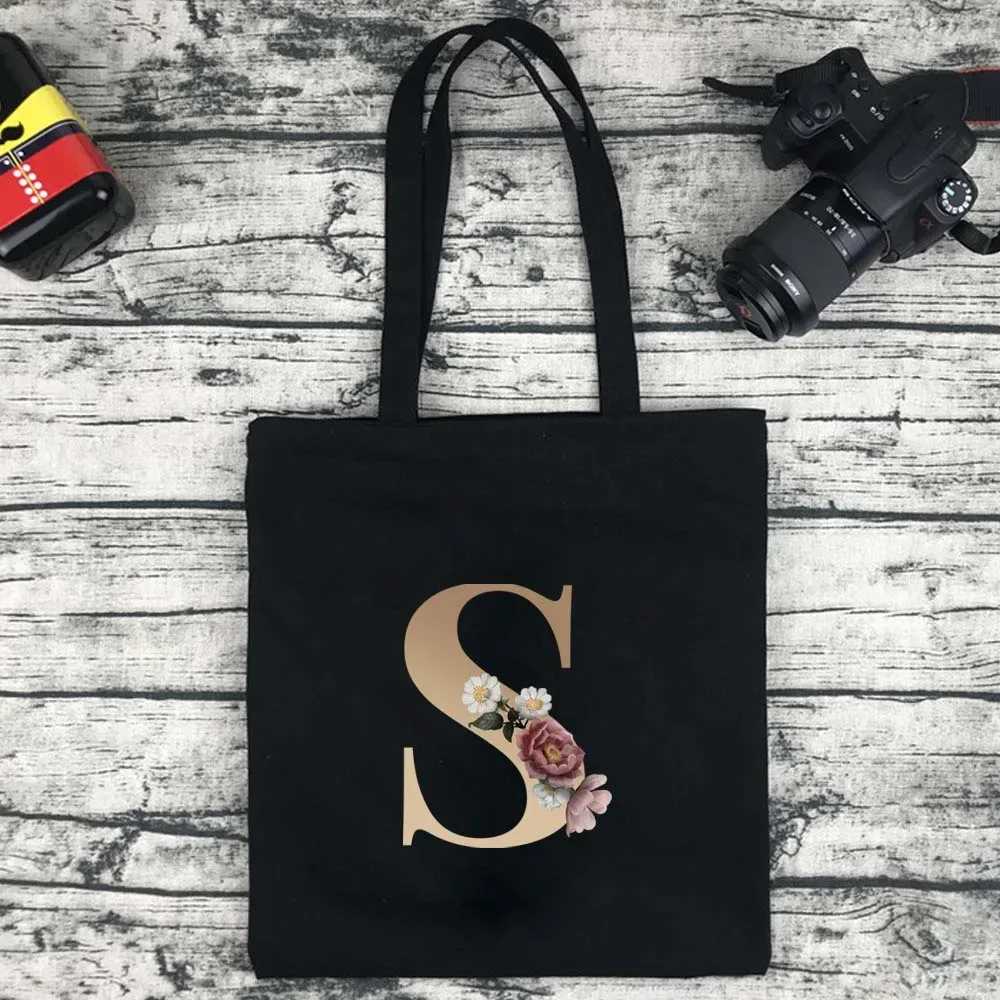 sac de shopping écologique pour femmes, sac à bandoulière portable pliable noir, sac à main réutilisable de grande capacité avec lettres, fourre-tout bolsos