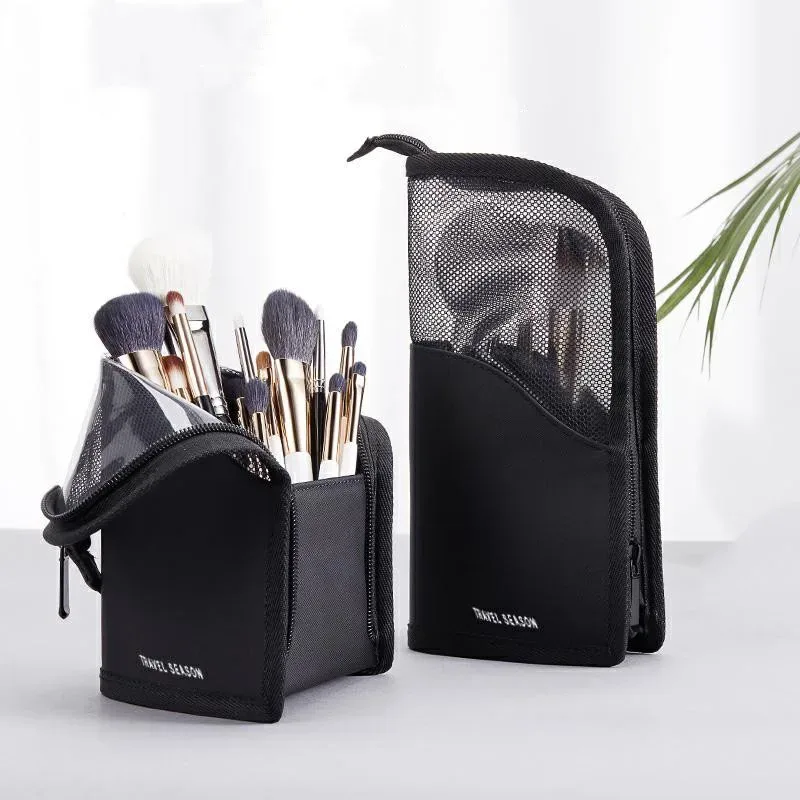Trousse Toilette Nylon Noire Rose Organisateur Maquillage Portable Voyage Format Compact Pochette Transparente Intégrée