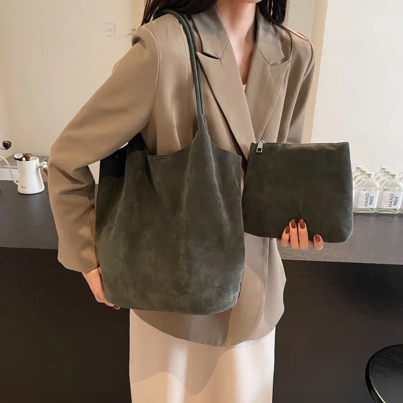 sac à bandoulière rétro en daim pour femmes, nouvelles couleurs unies, fourre-tout décontracté de grande capacité, fermeture éclair, fil à coudre polyvalent pour l'artisanat