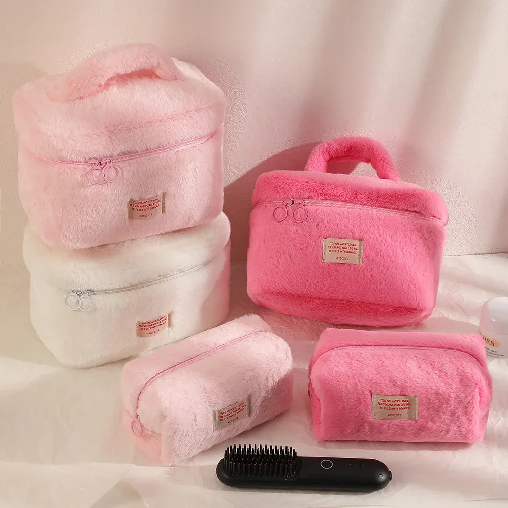 sacs de maquillage en peluche douce pour femmes, grande capacité, organisateur de cosmétiques quotidiens, fourre-tout de style simple, trousse de toilette de voyage, sac a main