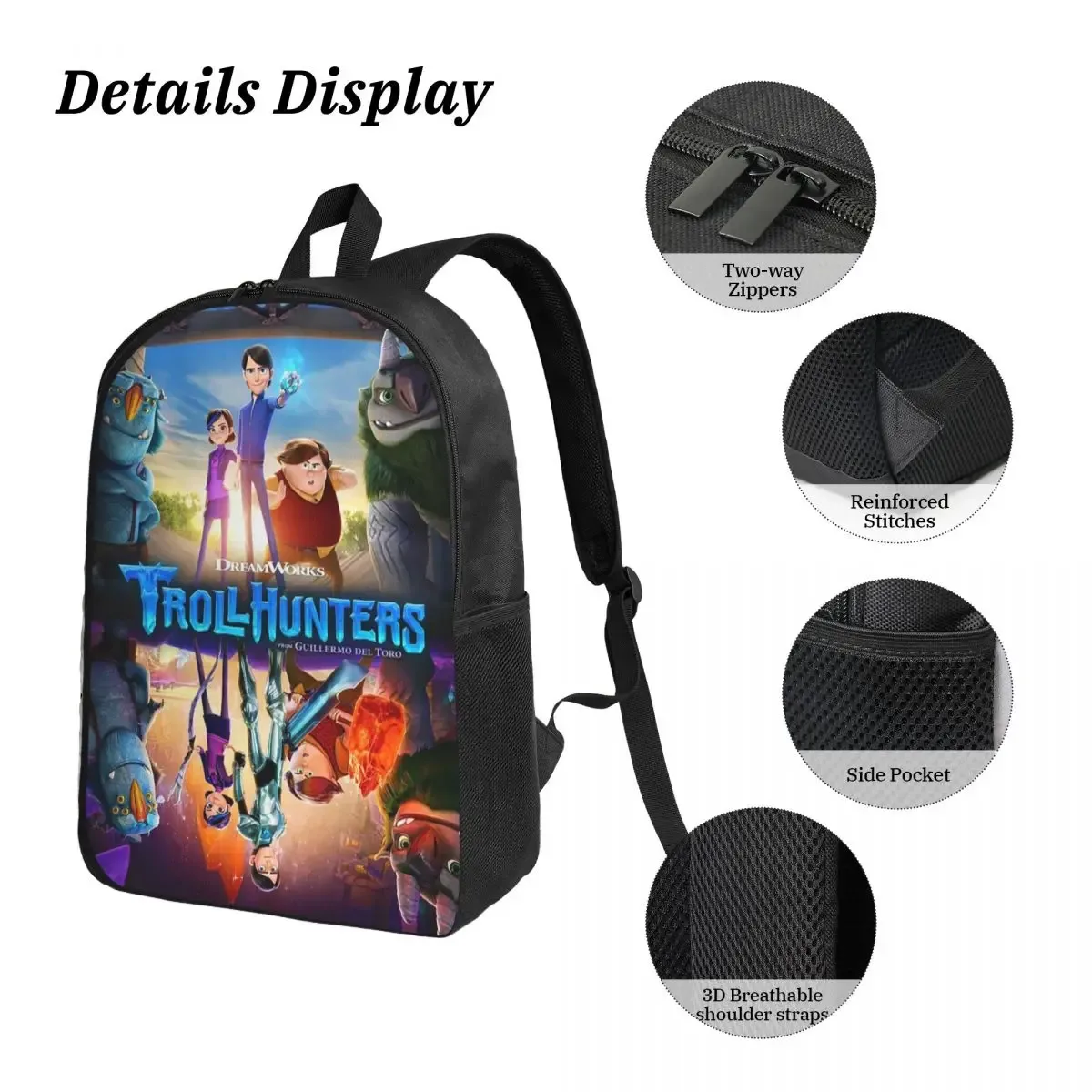 sac dos polyester impression trollhunters noire bandoulières ajustables poches latérales set pique-nique isolation aliments usage écolier voyage