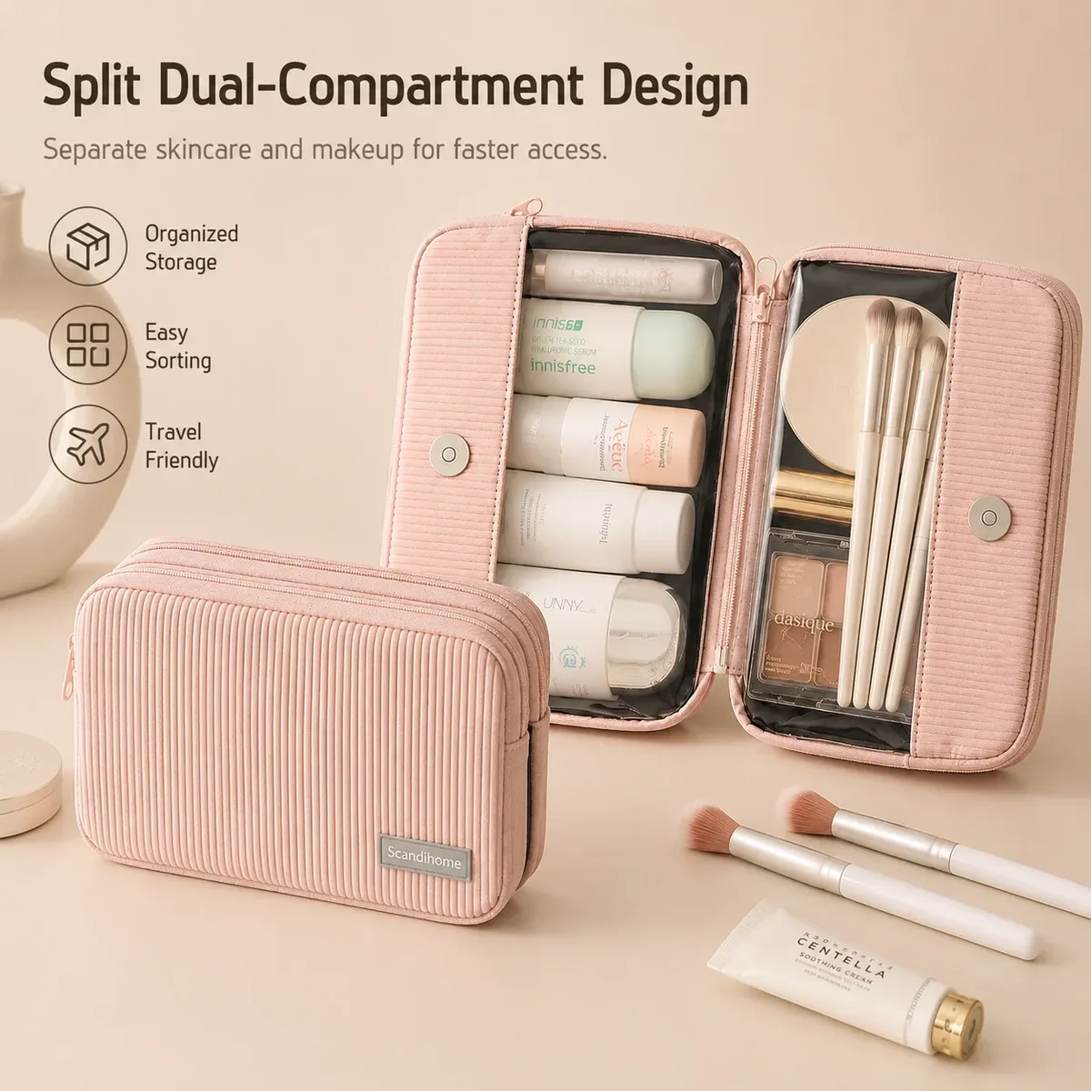 trousse de maquillage de voyage, organisateur de cosmétiques, étanche, grande capacité, détachable, double couche, fenêtre transparente, pochette de rangement de toilette pour femmes