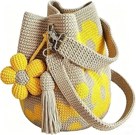 sac fourre-tout en crochet fait main avec fleurs, sac à main floral tricoté, sac de plage tissé style bohème