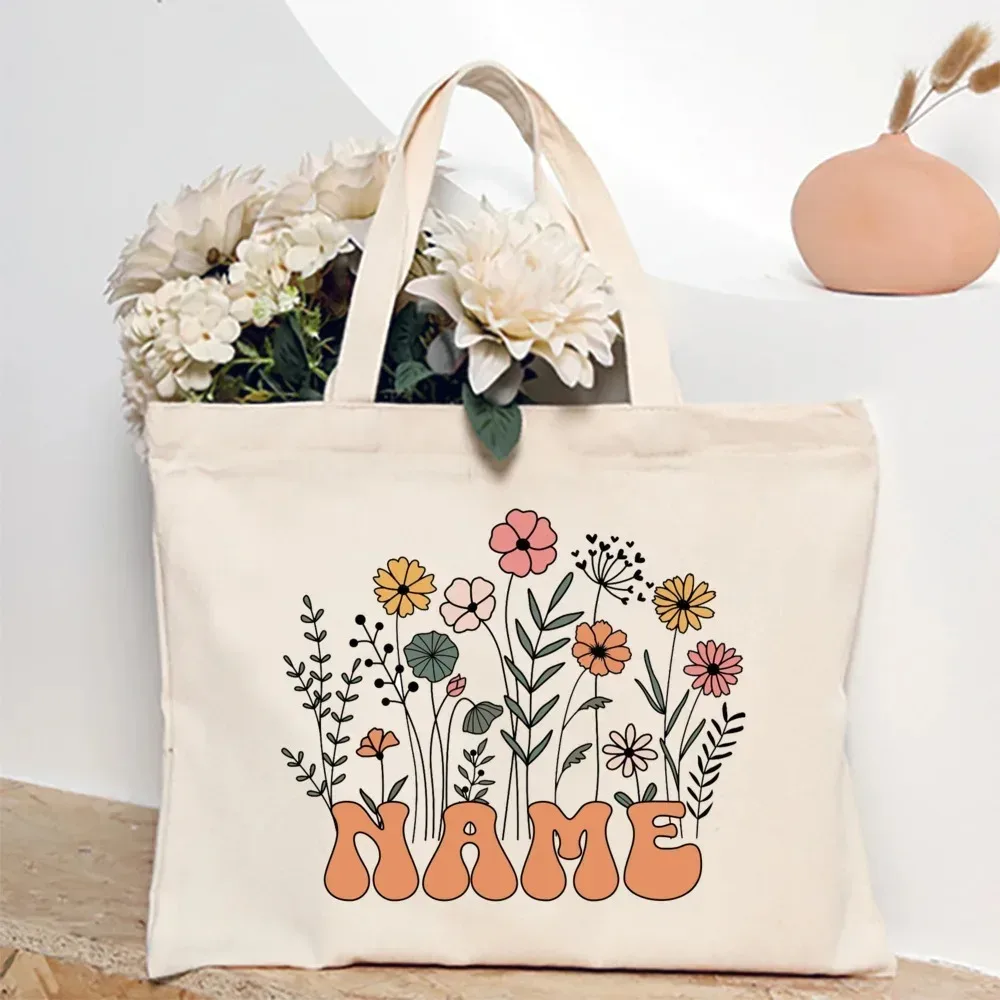 sac fourre-tout personnalisé avec fleur et nom pour femme, sacs à bandoulière en toile, sac de shopping monogrammé, sacs à main, cadeaux d'anniversaire et de mariage pour elle