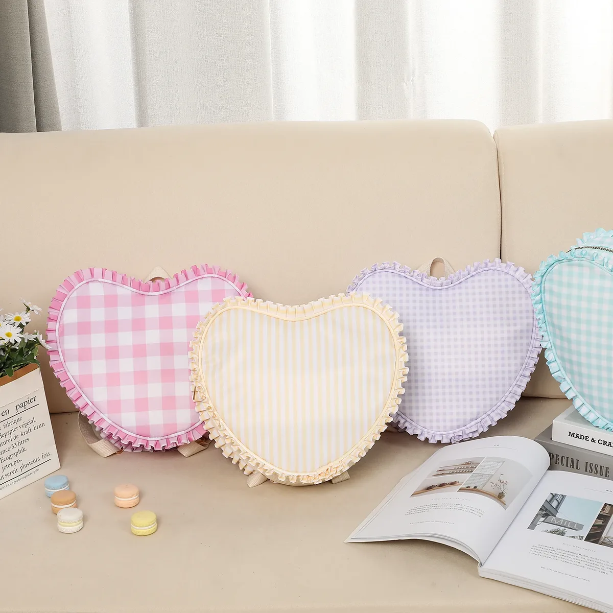 sac à dos en forme de cœur à volants pour femmes, sacs fourre-tout en nylon rose à rayures pour filles, voyage en plein air, étudiant, livre, cadeau de la journée de léon, mode