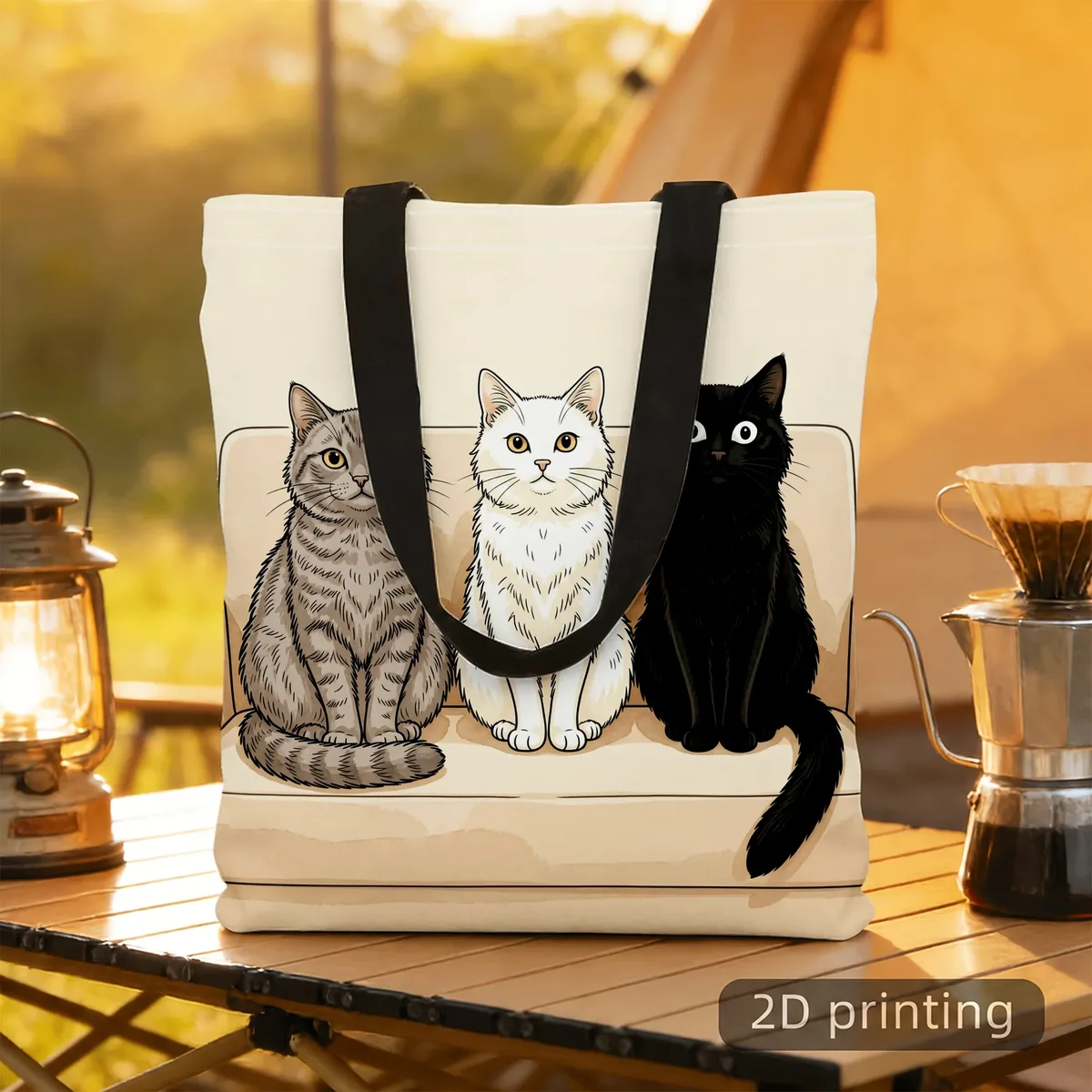 Sac fourre-tout esthétique pour amoureux des chats, motif de trois chats sur un canapé, motif de dessin animé, sac à main en toile réutilisable de grande capacité pour femmes