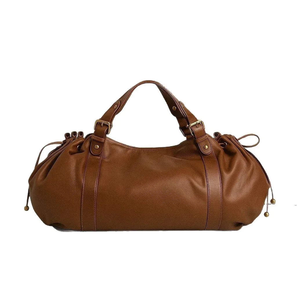 sac fourre-tout vintage en cuir souple plissé avec cordon de serrage, grand sac à bandoulière simple pour femme, sac de travail boston