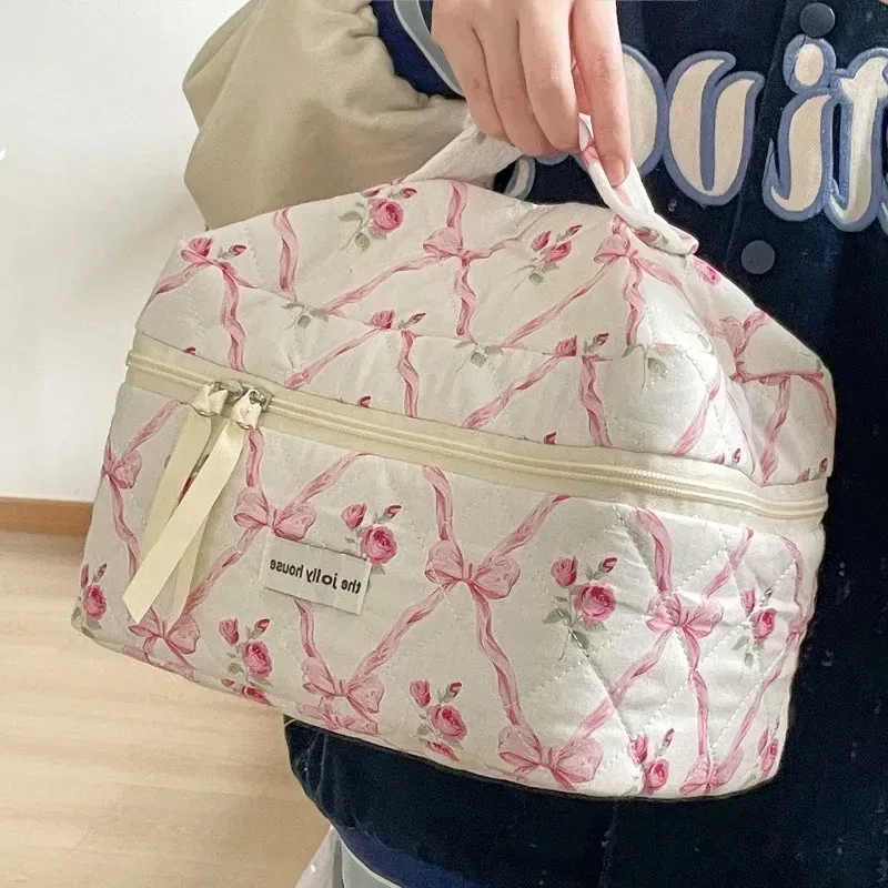 trousse de maquillage courtepointe pour femme, trousse de toilette portable pour filles, sac à main grill pour femme, trousse cosmétique à fermeture éclair, nœud mignon, fleur