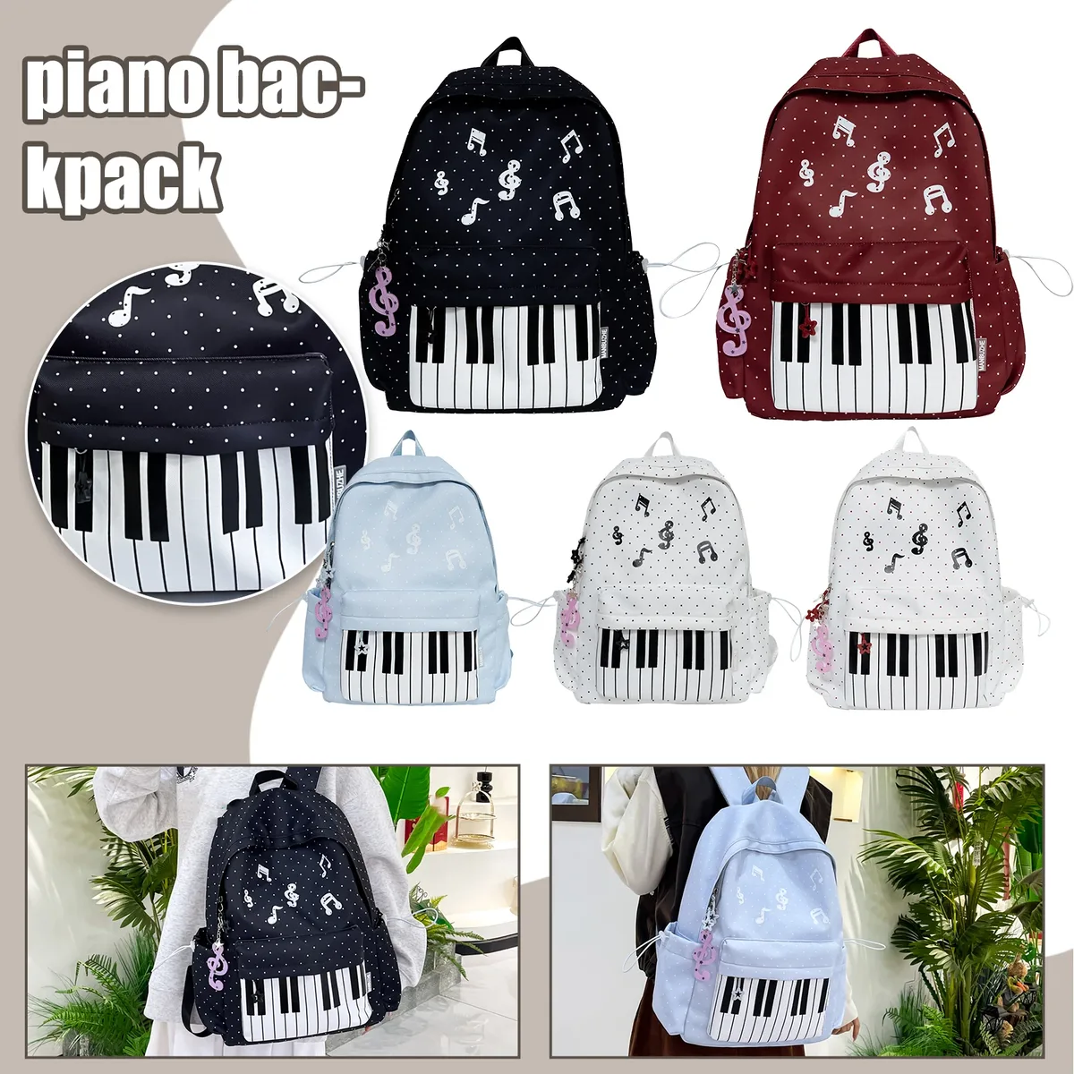 sac à dos à thème piano, sacs à dos élégants pour ordinateur portable, sac à dos décontracté à motif piano, sacs à dos scolaires à pois pour femmes et filles