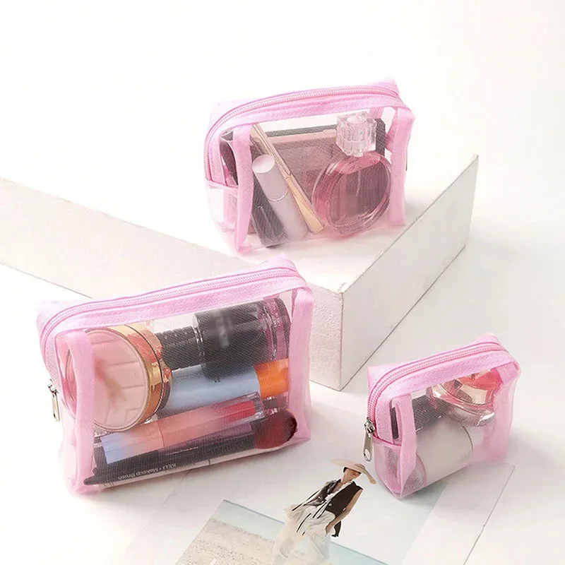 trousse toilette nylon noire transparente zip maille fine cosmétiques maquillage voyage femmes mini pochette