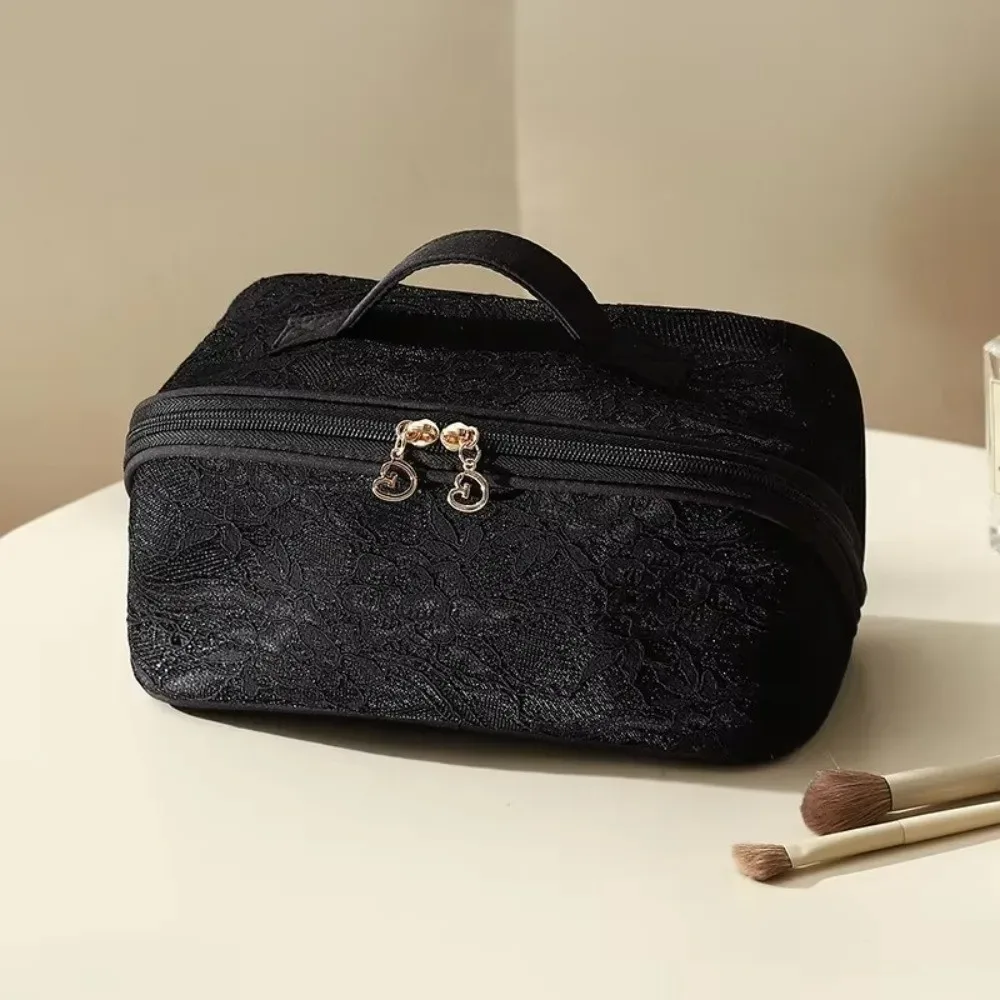 trousse de maquillage élégante en dentelle couleur unie grande capacité avec poignée sac de rangement cosmétique respirant trousse de toilette florale plage