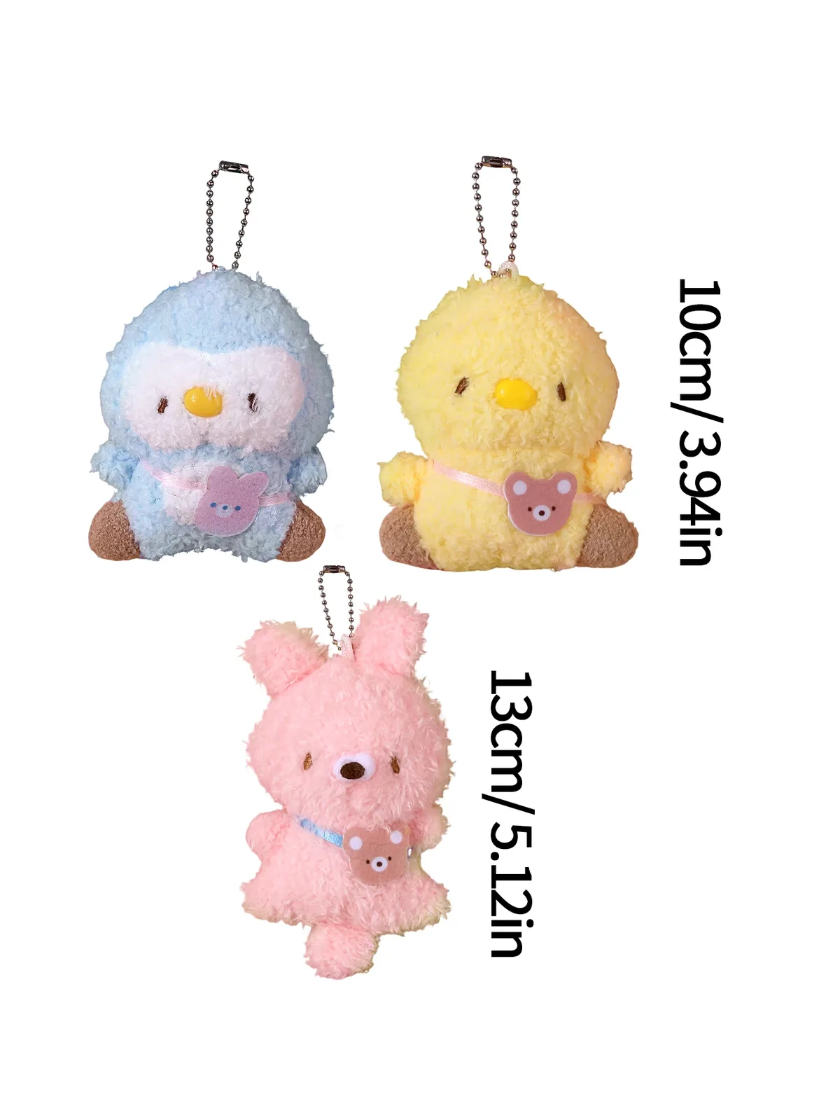 porte-clés en peluche mignon et moelleux, pendentif de dessin animé lapin rose et poussin jaune avec étiquette ours, animal en peluche doux pour sac à dos