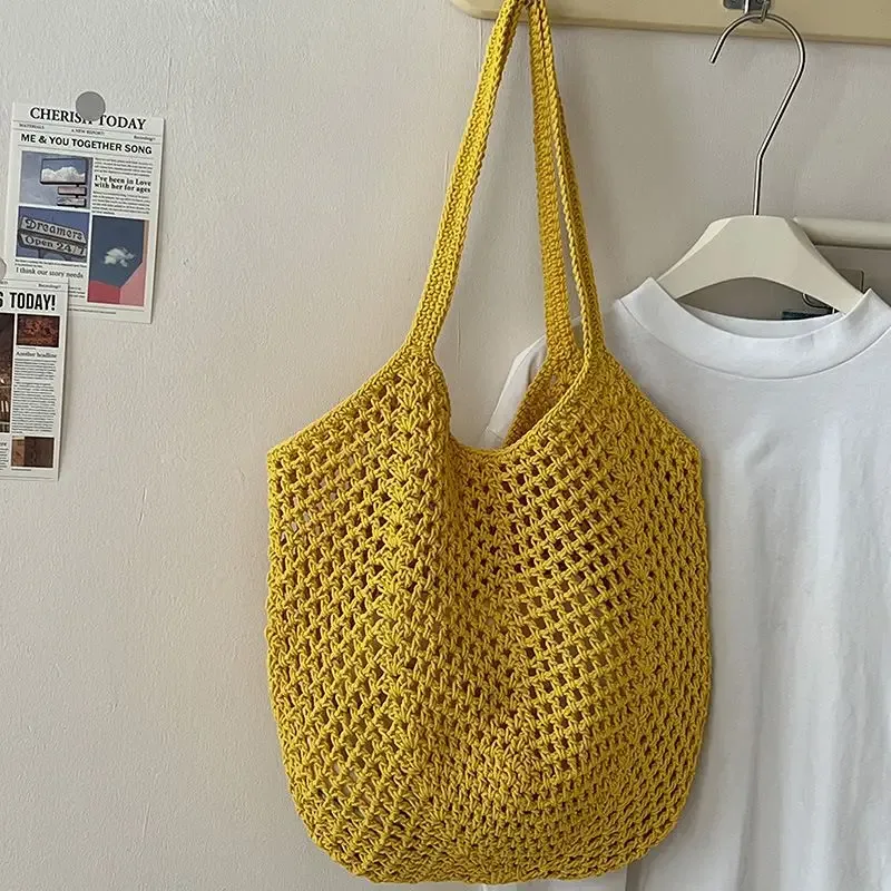nouveau sac à bandoulière décontracté en coton tricoté grande capacité, style paresseux, avec motif ajouré en paille, pour femme, idéal pour les vacances et la plage