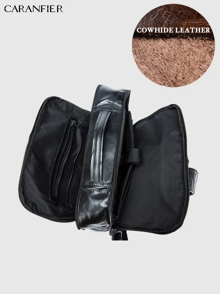 sac dos cuir vache noir polyester intermédiaire informatique bandoulière arquée fermeture éclair rectangulaire coins arrondis grande capacité usage voyage