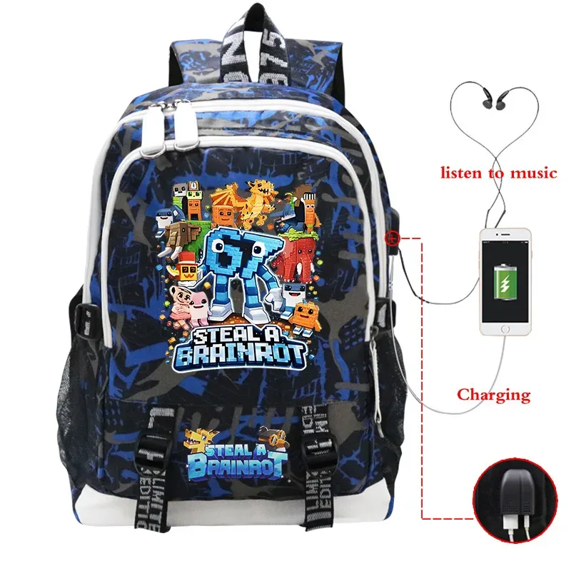 sac à dos steal a brainrot avec chargement usb, sac à dos pour étudiants, sacs d'école imprimés 67 six seven, sac à dos de voyage pour adolescents, sac à dos pour hommes