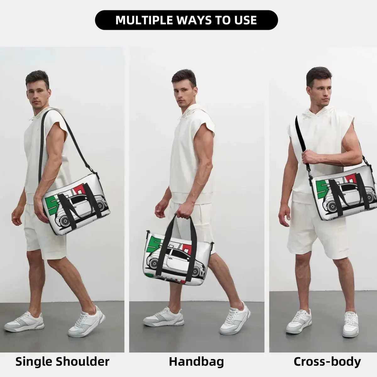 sac de voyage de plage personnalisé fiat 500 abarth, fourre-tout de grande capacité pour salle de sport, yoga, sac à bandoulière de shopping pour femmes