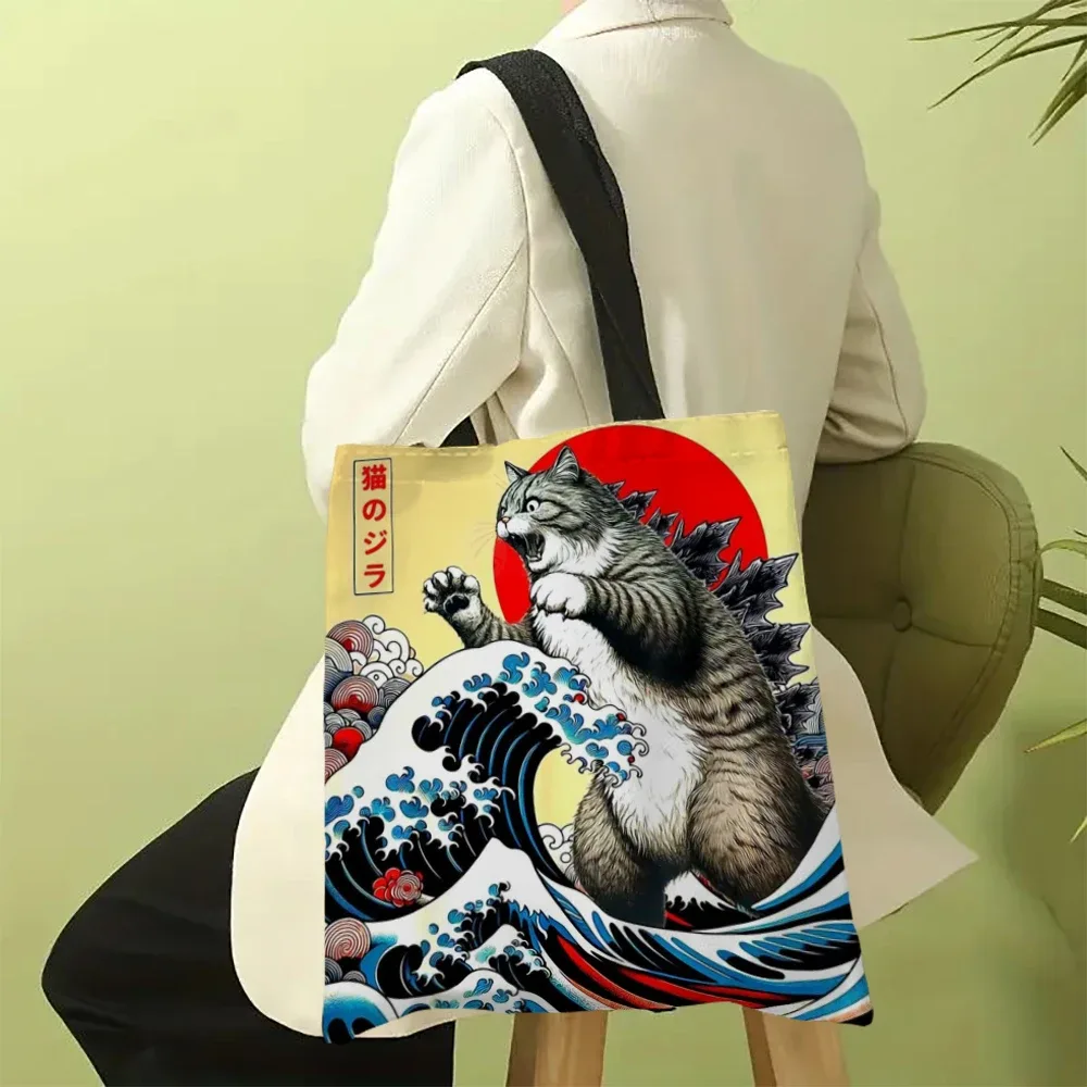 catzilla sac fourre-tout d'art japonais sac de plage de shopping à bandoulière réutilisable pour les femmes, sac de transport décontracté durable