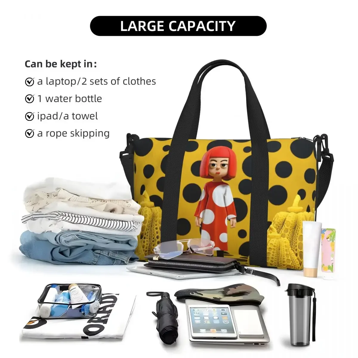 sac fourre-tout personnalisé yayoi kusama à pois pour femmes, sac de voyage à bandoulière de plage de gymnastique citrouille de grande capacité