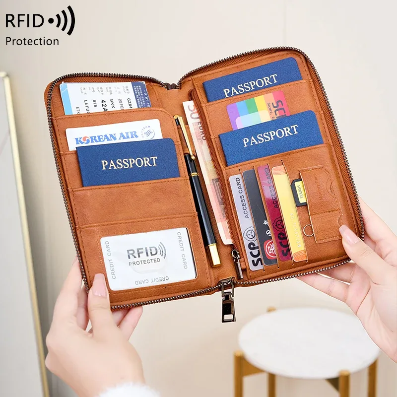 nouveau portefeuille de voyage multifonctionnel en cuir pu pour hommes et femmes, porte-cartes anti-rfid, anti-vol, sac de rangement